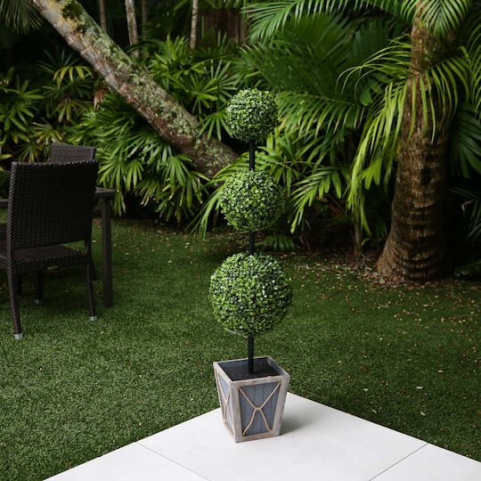 4ft. LED UV Resistant Triple Ball Boxwood Topiary in Decorative Planter